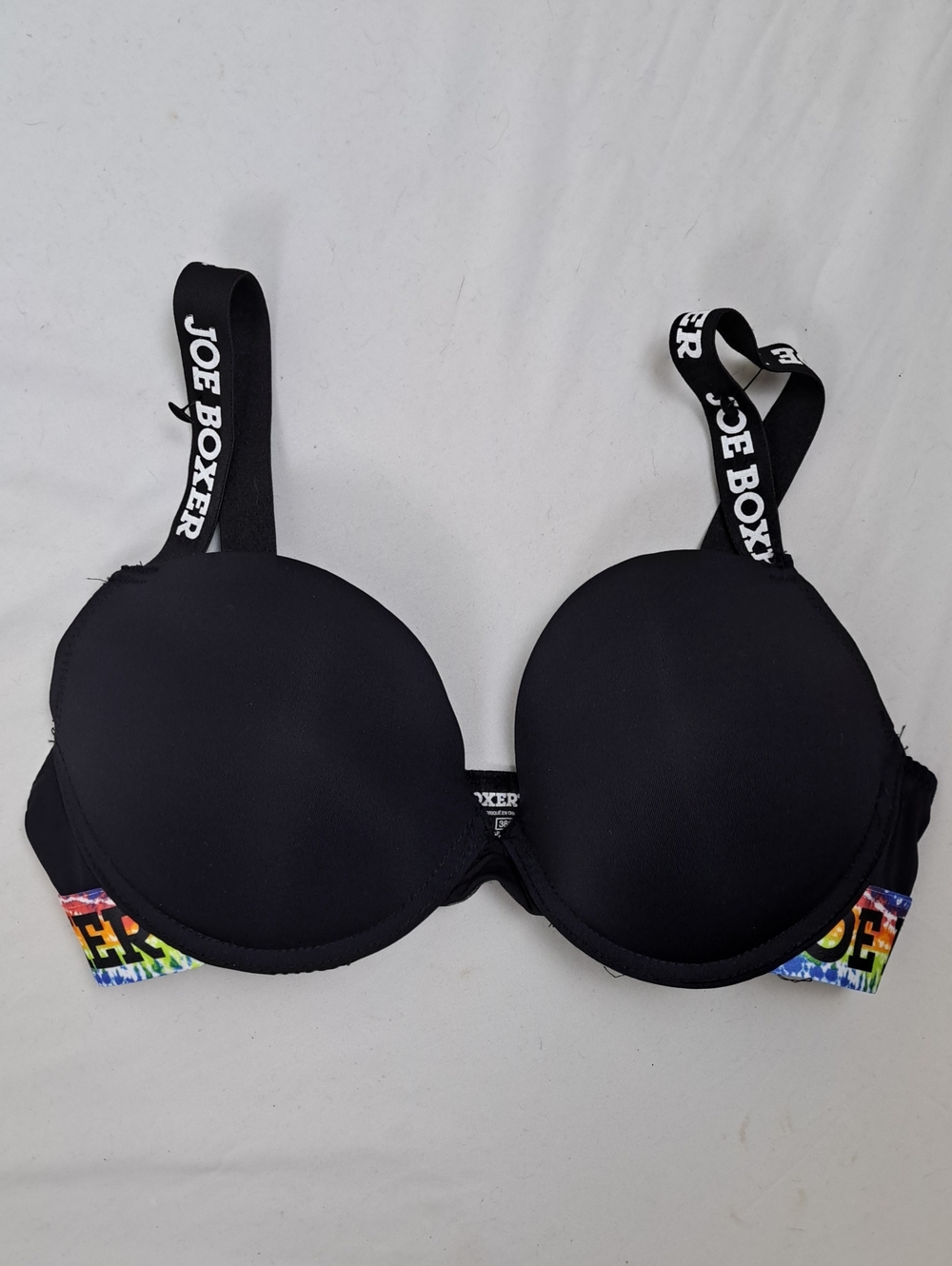 NWOT Joe Boxer Black Padded Contour Shirt Bra Rainbow Elastic Band Size 38C